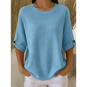 Women's Waffle Shirt Waffle T-shirt Waffle Lounge T-shirt T Shirt Buttons Solid Color Stylish Casual 3/4 Length Sleeve Crew Neck Regular Tops Daily Blue Khaki