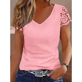 Women's Shirt Blouse Lace Tops Lace Plain Vintage Stylish Classic Sleeveless Long Sleeve V Neck Regular Tops Daily Holiday Going out Black Yellow Pink Summer S