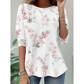 Women's T Shirt Print Floral Graphic Plants Stylish Classic Modern Long Sleeve Crew Neck Long Tops Daily Weekend Vacation Wear Black White Yellow Light Green P