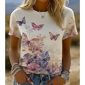 Women's T Shirt Print Graphic Animal Vintage Stylish Classic Short Sleeve Crew Neck Round Neck Regular Tops Daily Weekend Green / Blue White Dusty Blue Summer