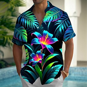 Men's Tropical Flowers Palm Leaf Neon Glow Summer Hawaiian Shirt Button Up Shirt Aloha Shirt Short Sleeve Hawaiian Vacation Summer Spring Turndown 3D Print Col