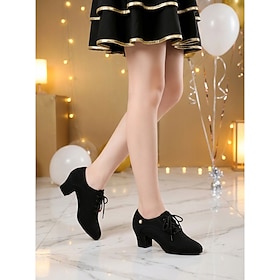 Women's Black Professional Dance Shoes - Low Heel, Lace-Up, Ballroom, Latin, Salsa and Tango Practice  Performance Footwear