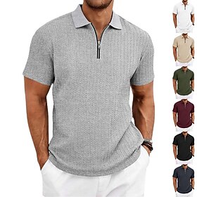 Men's Zip Polo Textured Daily Outdoor Quarter Zip Short Sleeve Fashion Plain Quarter Zip Summer Spring Regular Fit Deep Green Wine Navy Black White khaki Zip P