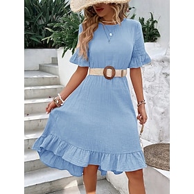 Women's Knee Length Dress Casual Dress Peplum Dresses Elegant Fashion Modern Outdoor Vacation Going out Regular Fit Plain Short Sleeve Crew Neck Blue Green Gra