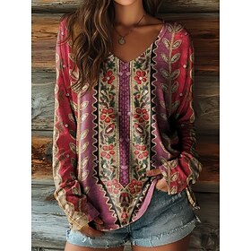Women's T Shirt Print Floral Graphic Vintage Casual Boho Long Sleeve V Neck Regular Tops Daily Blue Purple / Dark Purple Purple Green Spring Fall