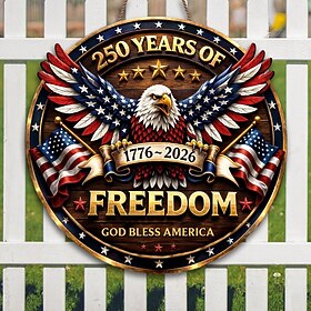 U.S. 250th Anniversary Wood Sign Patriotic Door Hanger, God Bless America Independence Day Decor with Eagle, Liberty Bell Statue of Liberty, 1776–2026 4th of