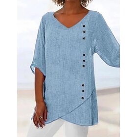 Per donna Camicia Camicie di cotone e lino Blusa Bottoni Tinta unica Elegante Classico Moderno Mezza Manica Scollo a V Top Regolari Quotidiano Ferie U