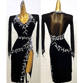 Latin Dance Dress Rhinestone Women's Party Training Performance Long Sleeve Spandex Nylon