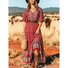 Women's Maxi Dress Boho Dress Casual Dress Floral Dress Elegant Fashion Modern Outdoor Beach Vacation Loose Fit Paisley Short Sleeve V Neck Blue Black Yellow R