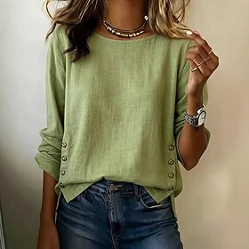 Per donna Camicia Camicie di cotone e lino Tinta unica Semplice Elegante Vacanza Vintage Manica Lunga Top lunghi Quotidiano All'aperto Abbigliamento c