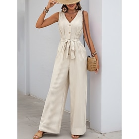 Women's Normal Jumpsuit Active Striped Sleeveless Wide Leg V Neck Lace up Pocket Daily Vacation Regular Fit Khaki Summer