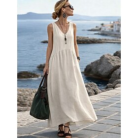 Women's Maxi Dress A Line Dress Casual Daily Loose Fit Plain Sleeveless V Neck Black Yellow Wine Army Green Summer Spring Fall