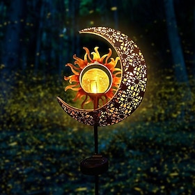 Garden Solar Lights Outdoor Decorative, Sun Moon Crackle Glass Globe Metal Stake Light, Waterproof Warm White LED Light, Decorations for Pathway Lawn Patio Co