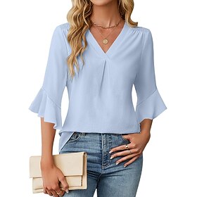 Women's Shirt Blouse Chiffon Tops Ruffle Plain Stylish Classic Modern 3/4 Length Sleeve V Neck Regular Tops Daily Holiday Going out Black White Green Light Blu