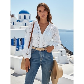 Women's Blouse Eyelet top Long Sleeve Tops Eyelet Plain Stylish Classic Modern Long Sleeve V Neck Regular Tops Daily Holiday Going out White Summer Spring
