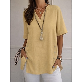 Women's Linen-feel Shirts Blouse Faux Linen Shirt Buttons Solid Color Daily Stylish Basic Half Sleeve V Neck Regular Tops Daily Blue Black Yellow Red Purple Su