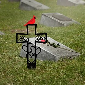 Metal Cemetery Memorial Plaque for Remembrance, Iron Cross Grave Marker with Red Cardinal Bird and Floral Decor, Outdoor Garden Stake Tribute for Memorial Day