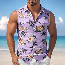 Men's Coconut Tree Floral Print Flowers Shirt Summer Hawaiian Shirt Aloha Shirt Sleeveless Resort Beach Vacation Wear Summer Spring Turndown 3D Print Front Two
