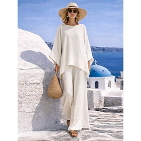 Women's Linen-feel Set Pants Sets Long Sleeve Crew Neck Solid Color Fashion Streetwear Casual Daily Outdoor Black White Khaki Spring Summer Loose Fit
