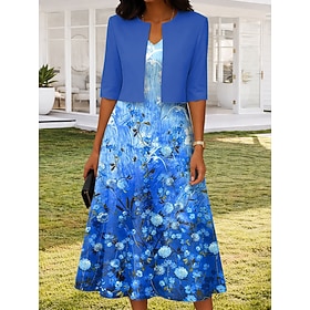 Women's Dress Set Midi Dress A Line Dress Elegant Casual Floral Graphic Print Midi Dress Half Sleeve V Neck Daily Blue Purple Green Summer Spring Regular Fit