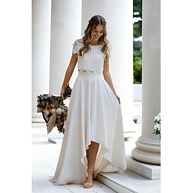 Beach Wedding Little White Dresses Wedding Dresses Two Piece Boat Neck Cap Sleeve Asymmetrical Lace Bridal Suits Bridal Gowns With Solid Color