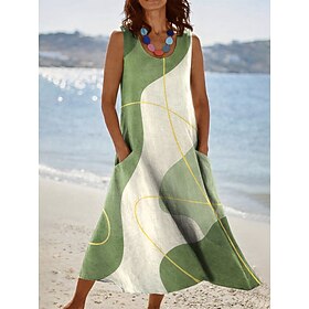 Women's Midi Dress Sundress A Line Dress Vacation Casual Boho Holiday Regular Fit Graphic Abstract Sleeveless U Neck Blue Pink Purple Green Summer Spring