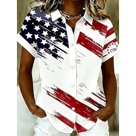 American Independence Day Women's Shirt Cotton Linen Shirts Blouse Buttons Floral Graphic Flag Vintage Stylish Casual Sleeveless Short Sleeve Shirt Collar Long