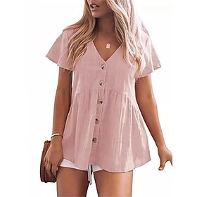 Women's Shirt Cotton Ruched Patchwork Buttons Plain Elegant Vacation Stylish Short Sleeve V Neck Regular Tops Daily Beach Holiday Black Light Green Pink Red Li