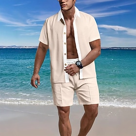 Men's 2 Piece Shirt Set Summer Set And Set Contrast Color Casual Daily Beach Shirt Collar Short Sleeve Short Pant Summer Fashion Casual Comfortable Clothing Ap