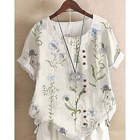 Women's Shirt Linen-feel Shirts Blouse Print Floral Graphic Casual Short Sleeve Crew Neck Scoop Neck Long Tops Daily White Summer Spring