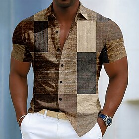 Men's Geometric Color Block Patchwork Shirt Button Up Shirt Short Sleeve Fashion Casual Daily Outdoor Vacation Summer Spring Turndown 3D Print Linen Like Shirt