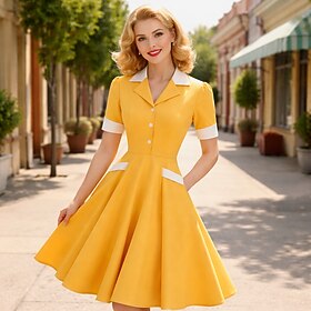 1950s Retro Vintage Dress Swing Dress Flare Dress Short Sleeves Buckle Solid Color Fit  Flare Swing Fancy Dress Women's Carnival Masquerade Prom Office / Caree