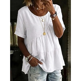 Women's Linen-feel Shirts T Shirt Tee Top Plain Fashion Stylish Classic Short Sleeve Crew Neck Regular Tops Daily Going out Weekend Blue Black White Pink Khaki