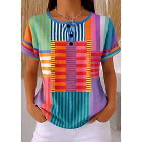Women's Waffle Textured Knit Tops T Shirt Color Block Graphic Geometric Stylish Classic Short Sleeve Crew Neck Round Neck Regular Tops Daily Sports Black and W