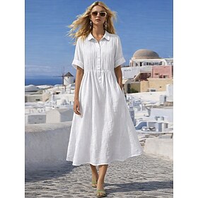 Women's Midi Dress Linen-feel Dresses Shirt Dress Kaftan Dress Fashion Modern Daily Outdoor Vacation Regular Fit Plain Short Sleeve Shirt Collar Blue White Pin