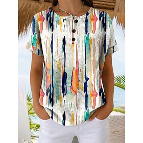 Women's Waffle T Shirt Print Striped Graphic Striped Abstract Vintage Stylish Classic Short Sleeve Crew Neck Regular Tops Daily Blue Pink Orange Green Summer S