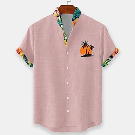 Men's Coconut Tree Tropical Plants Flowers Summer Hawaiian Shirt Button Up Shirt Stand Collar Shirt Short Sleeve Hawaiian Casual Beach Vacation Wear Summer Spr
