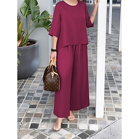 Women's Cotton Blend Cotton Linen Sets Pants Sets Half Sleeve Crew Neck Round Neck Plain Patchwork Elegant Fashion Streetwear Casual Daily Outdoor Black White