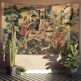 Arazzo da parete con scena di caccia con falconeria di un cavaliere medievale, castello europeo vintage e nobile reale, millefiori, grande tessuto da appendere