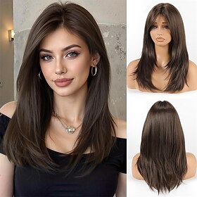Dark Brown Wig with Curtain Bangs Medium Length Layered Hair Wig for Women Heat Resistant Synthetic Wigs for Daily Use