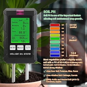 Misuratore digitale di pH del terreno 6 in 1 per piante da giardino, tester professionale del terreno per umidità, fertilità, luce solare, temperatura