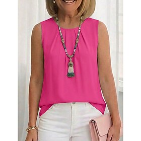 Women's Blouse Chiffon Tops Ruched Plain Modern Casual Sleeveless Crew Neck Regular Tops Daily Holiday Going out White Light Green Wine Rose Pink Light Blue Su