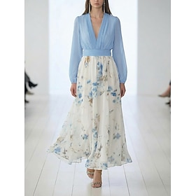 Women's Long Dress Maxi Dress Chiffon Dress Casual Dress Floral Dress Elegant Fashion Romantic Outdoor Holiday Date Regular Flower Long Sleeve V Neck Blue Whit