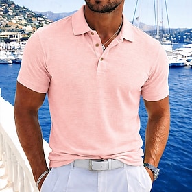 Men's Linen Shirt Polo Shirts Casual Vacation Classic Short Sleeve Vacation Fashion Plain Textured Lightweight Buttons Summer Spring Blue Lake blue Pink Green