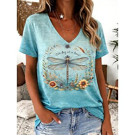 Women's T Shirt Print Floral Graphic Animal Vintage Stylish Classic Short Sleeve V Neck Regular Tops Casual Daily Going out Red Sky Blue Purple Summer Spring