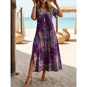 Women's Maxi Dress A Line Dress Casual Beach Loose Fit Graphic Geometric Paisley Short Sleeve Crew Neck V Neck Purple Summer Spring