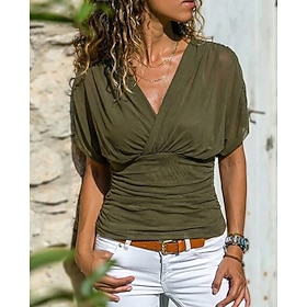 Women's Blouse Solid Color Graphic Plain Elegant Vintage Fashion Short Sleeve V Neck Regular Tops Daily Going out Weekend Black Wine Army Green Coffee Summer S