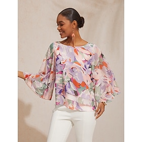 Blouse rose fluide en mousseline à volants, motif printanier, inspirée des fleurs printanières: retailer-supplied image