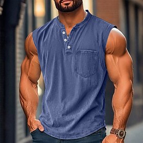 Men's Tank Top Vest Top Undershirt 100% Cotton Acid Wash Shirt Sleeveless Henley Summer Plain Fashion Designer Basic Pocket Buttons Casual Vacation Street Blue