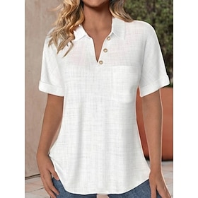 Per donna Camicia Camicie di cotone e lino Blusa Tasca Bottoni Tinta unica Elegante Classico Moderno Manica Corta Scollo a V Top Regolari Quotidiano F